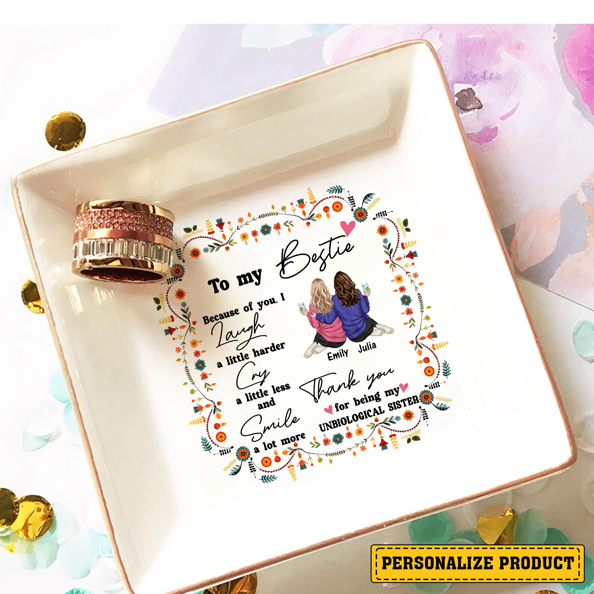 Personalized Besties Jewelry Dish, Thank You For Being My Unbiological Sister, Trinket Dish Jewelry Holder Gift For Friends Sisters Wedding - LuthCreative
