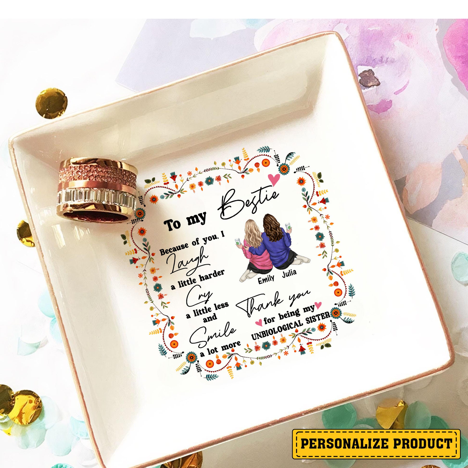 Personalized Besties Jewelry Dish, Thank You For Being My Unbiological Sister, Trinket Dish Jewelry Holder Gift For Friends Sisters Wedding - LuthCreative