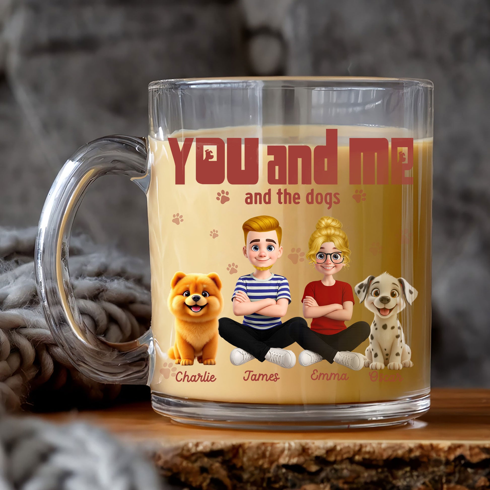 You and Me and the Dogs" Personalized Glass Mug for Couples. Custom Family & Pet Names. Cherished Dog Lover Gift
