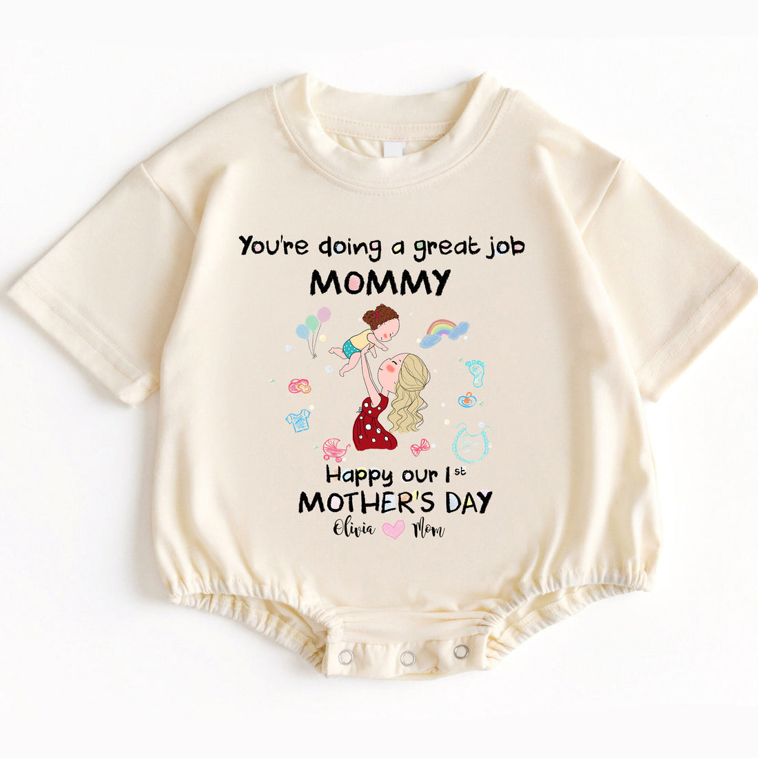 Give the new mom in your life a gift that's both incredibly cute and deeply meaningful. Celebrate her strength, love, and dedication this 1st Mother's Day with this special 'You're Doing A Great Job Mommy' baby bodysuit!