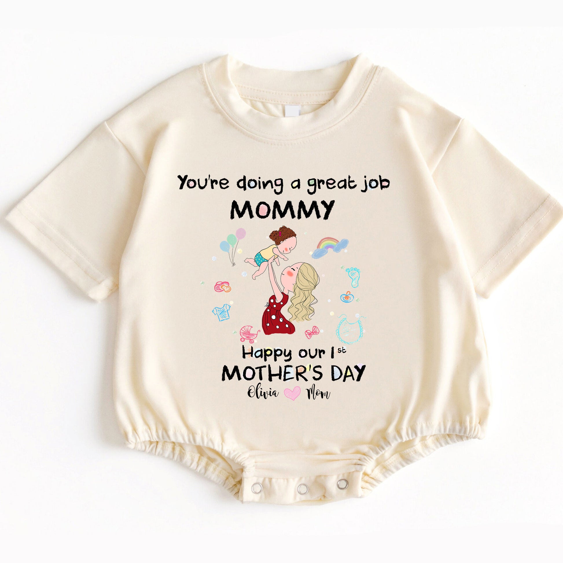 Give the new mom in your life a gift that's both incredibly cute and deeply meaningful. Celebrate her strength, love, and dedication this 1st Mother's Day with this special 'You're Doing A Great Job Mommy' baby bodysuit!