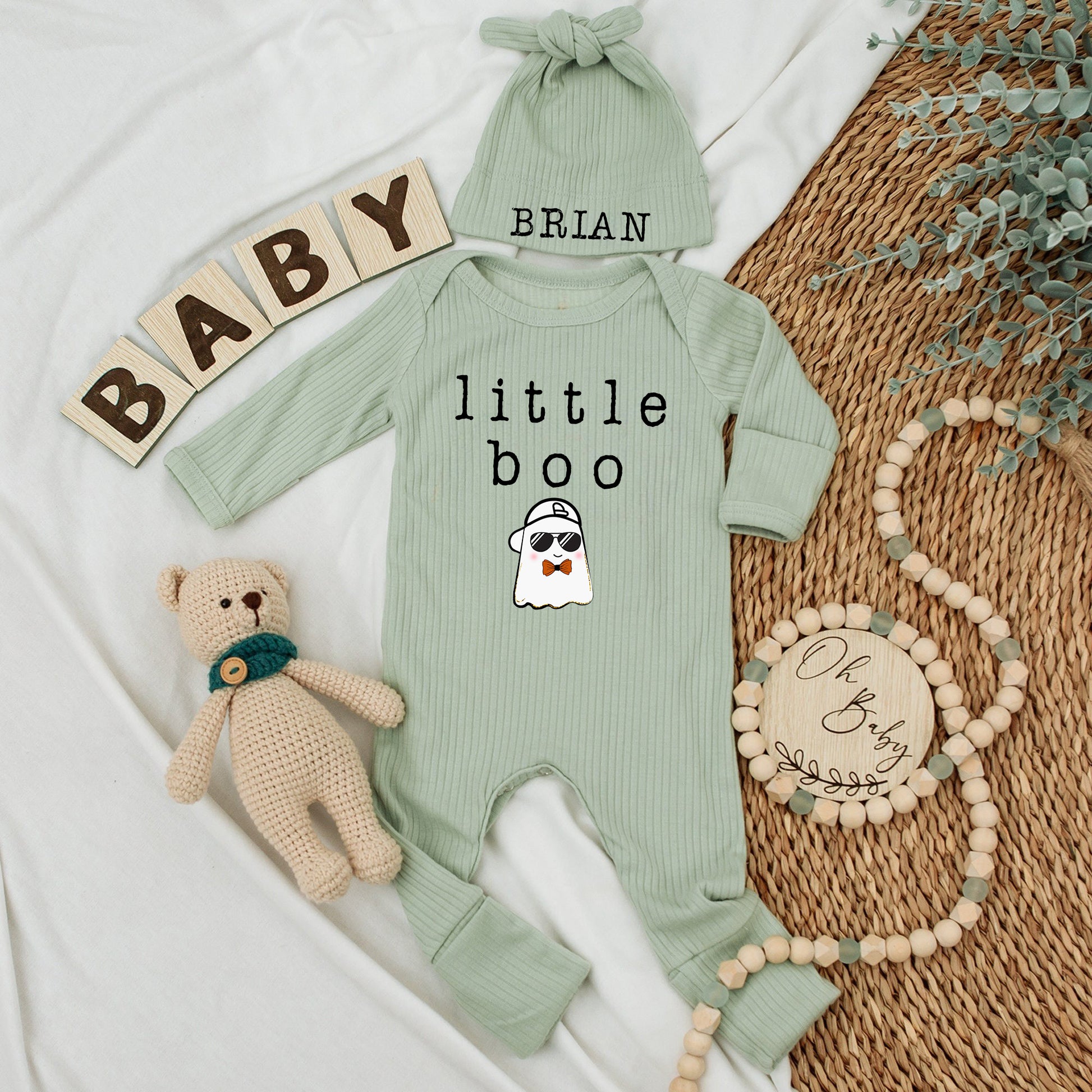 Custom Set Baby Bodysuit and Hat, Little Boo Newborn Set, Personalized Custom Baby Set - Gift For Baby - LuthCreative