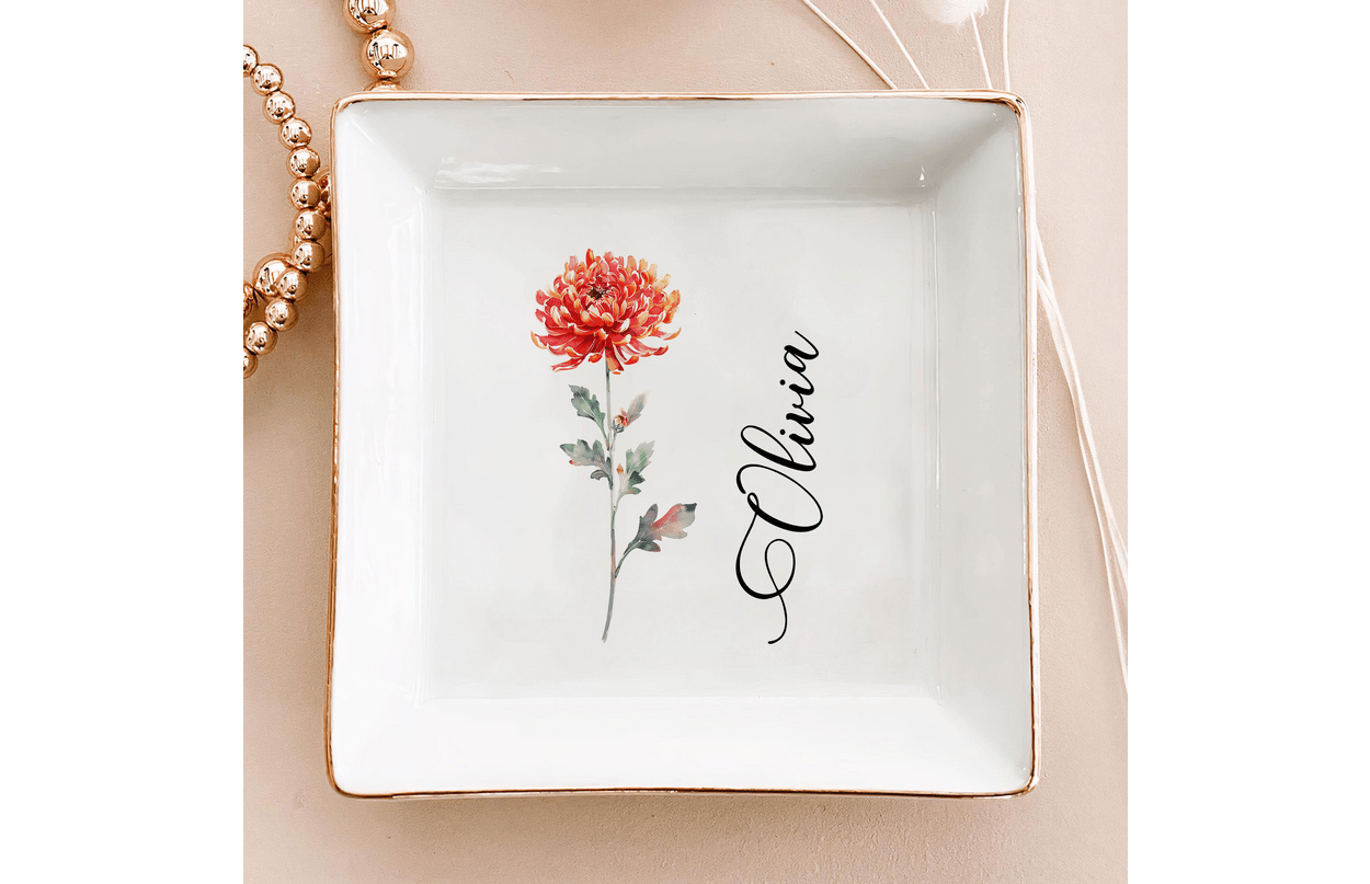Personalized Ring Dish Customized Name and Flower Ceramic Jewelry Tray - LuthCreative