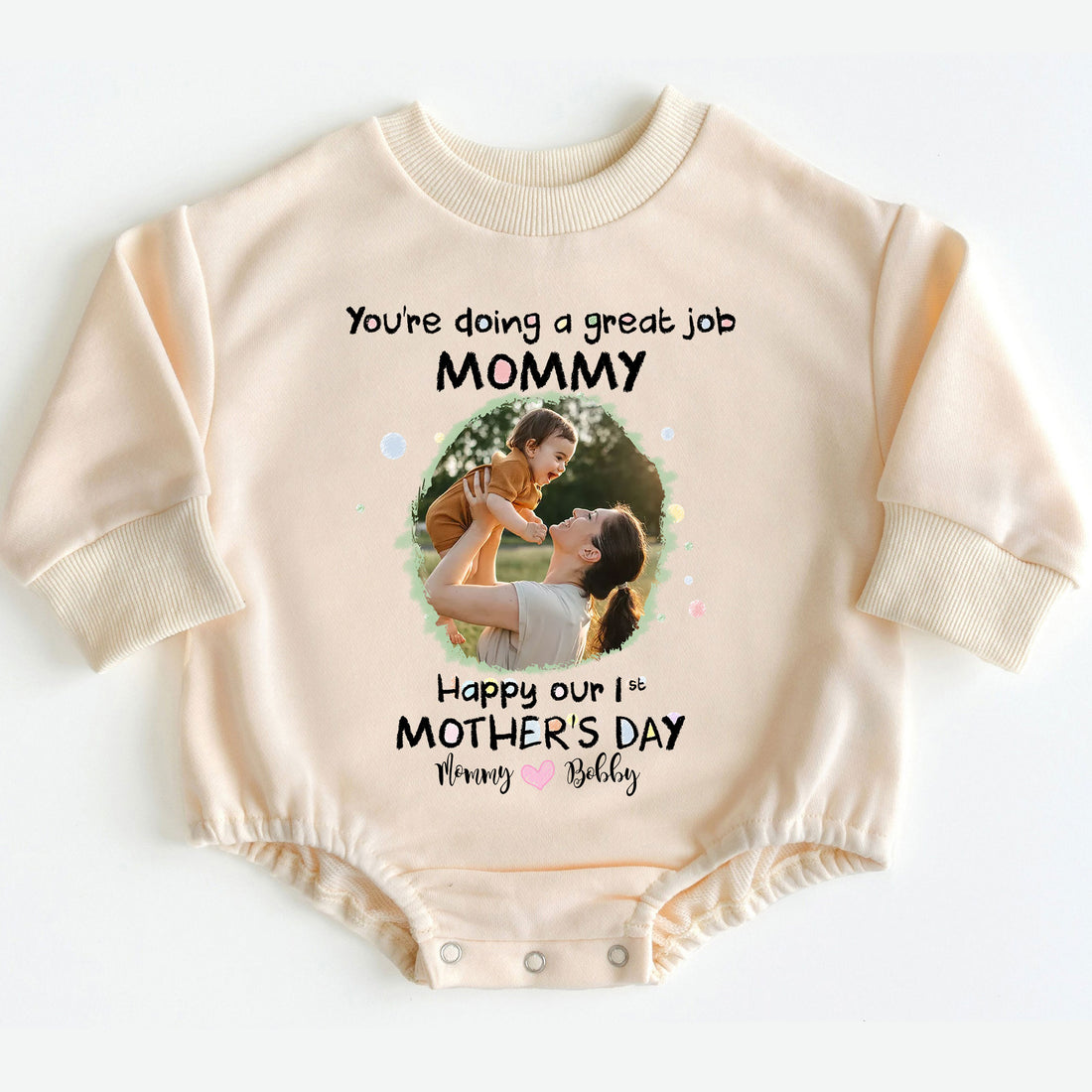 Make her first Mother's Day truly special with the "You're Doing A Great Job Mommy - Happy First Mother's Day" Romper Baby Bodysuit. Order yours today and give the gift of love, comfort, and a cherished memory!