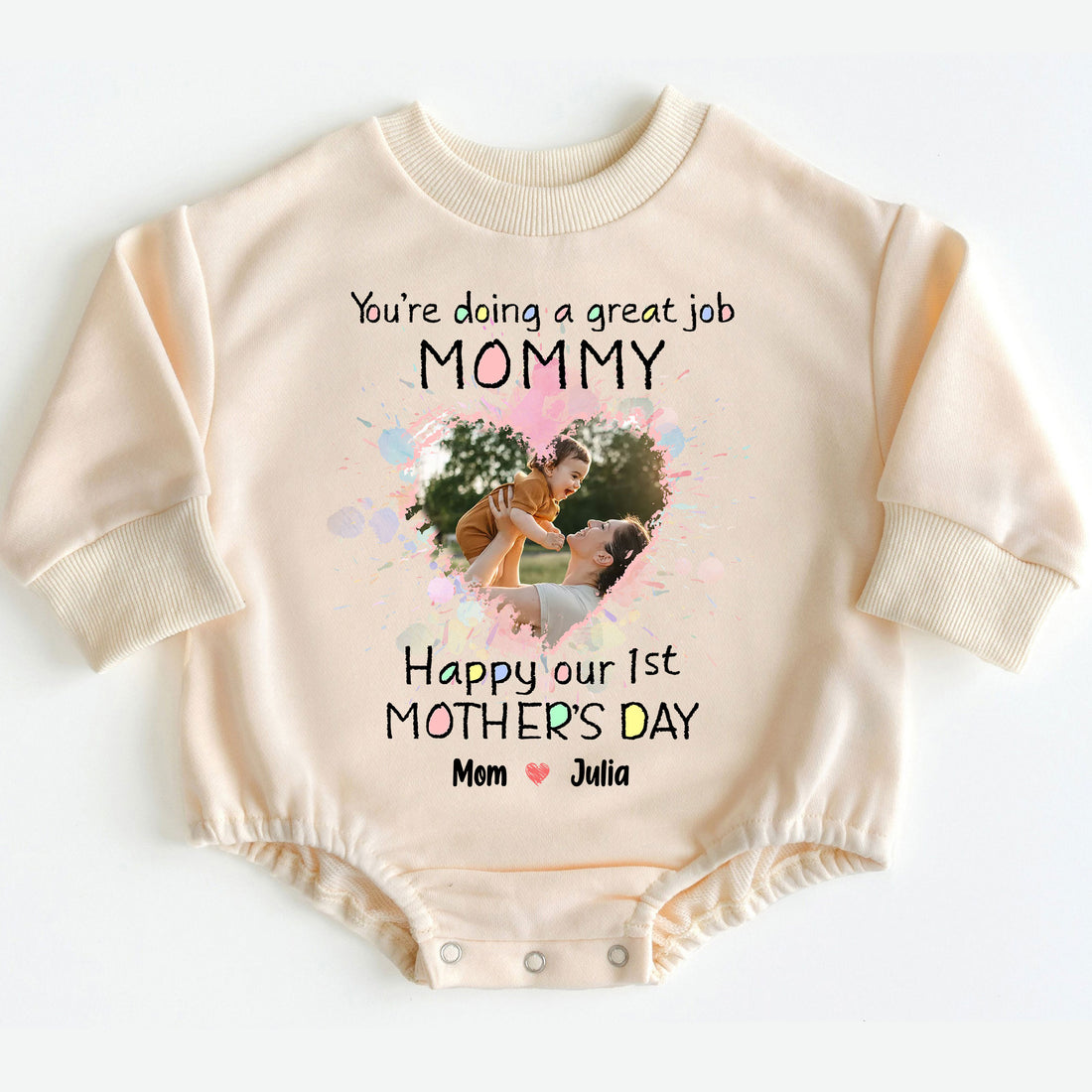 Make her first Mother's Day truly magical! Order the "I'm As Lucky As Can Be The Best Mommy Belongs To Me - Happy Our First Mother's Day" Romper Baby Bodysuit today and give the gift of love, comfort, and a cherished memory!