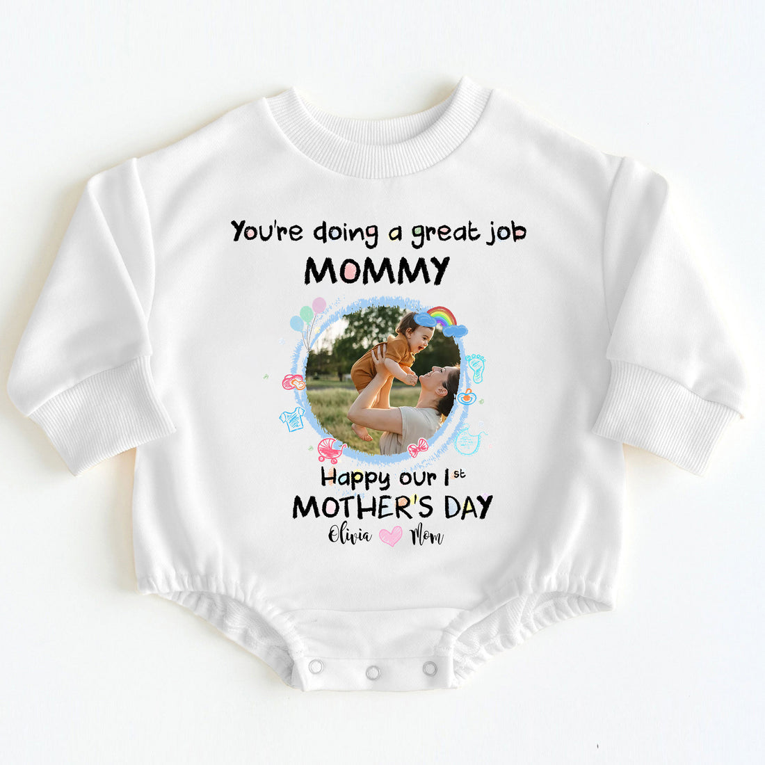 Make her first Mother's Day truly magical! Order the "You're Doing A Great Job Mommy - Happy Our First Mother's Day" Romper Baby Bodysuit today and give the gift of love, comfort, and cherished memories that will be treasured for a lifetime!