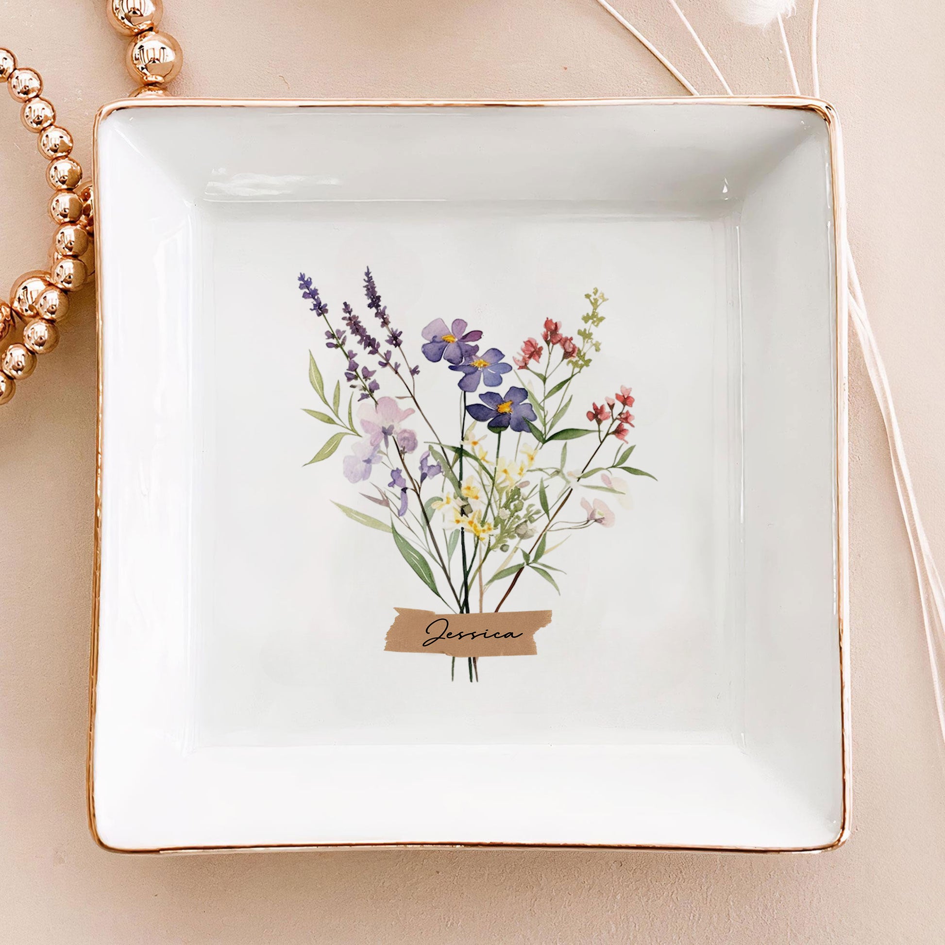 Personalized Ring Dish Customized Name and Flower Ceramic Jewelry Tray - LuthCreative