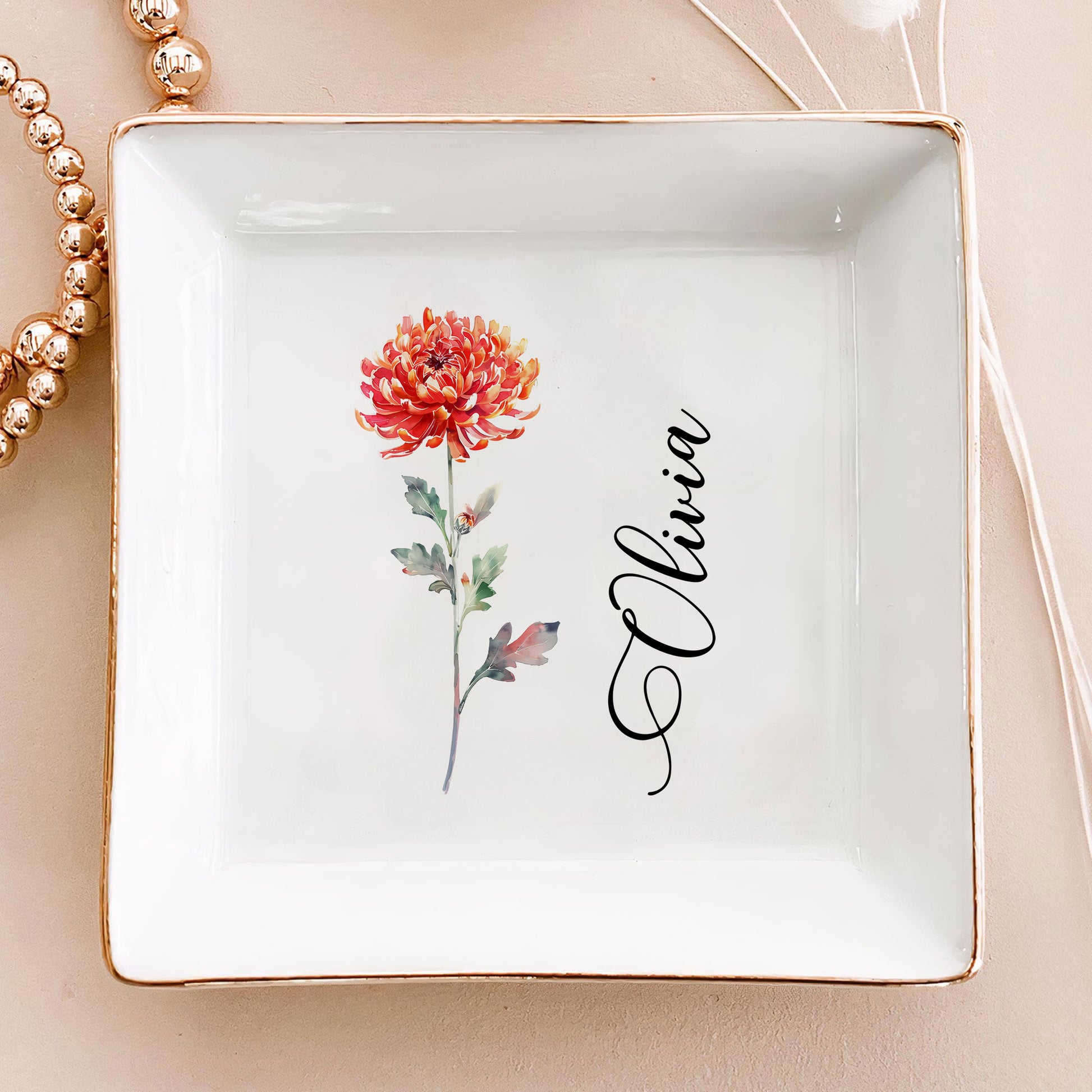 Personalized Ring Dish Customized Name and Flower Ceramic Jewelry Tray - LuthCreative