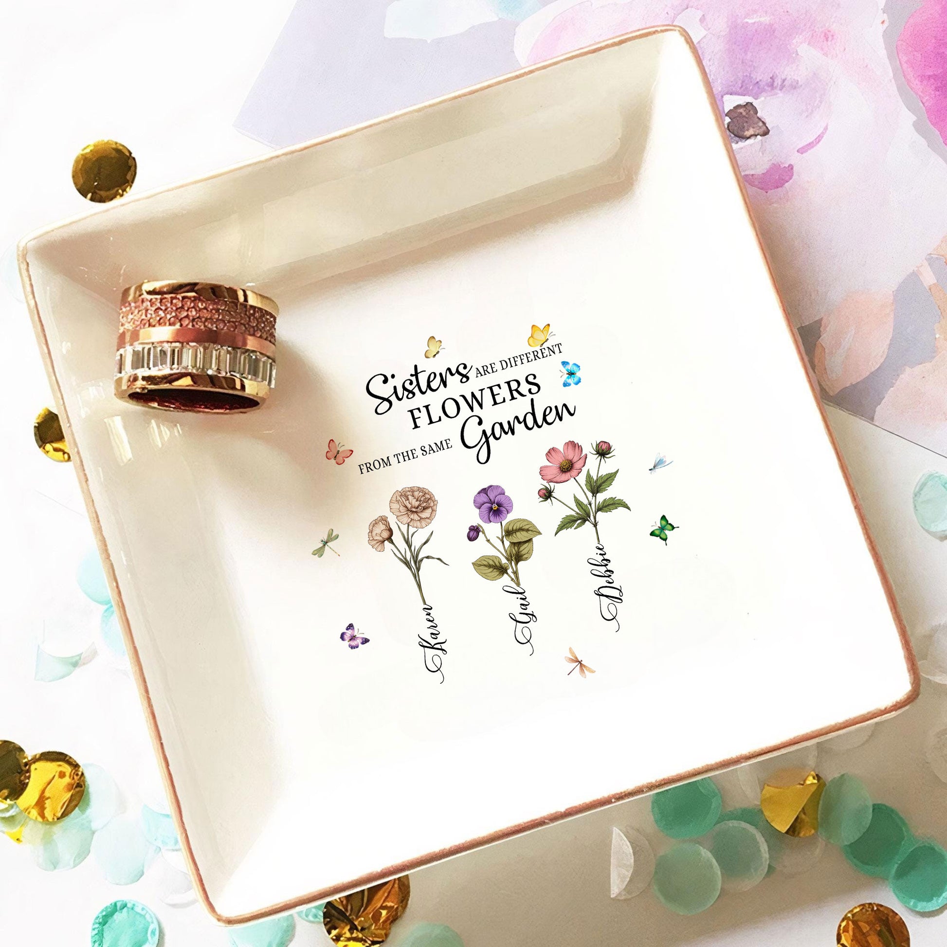 Personalized Jewelry Dish Sisters Are Diferent Flowers From The Same Garden Customized Gift for Sisters, Wedding Gift - LuthCreative