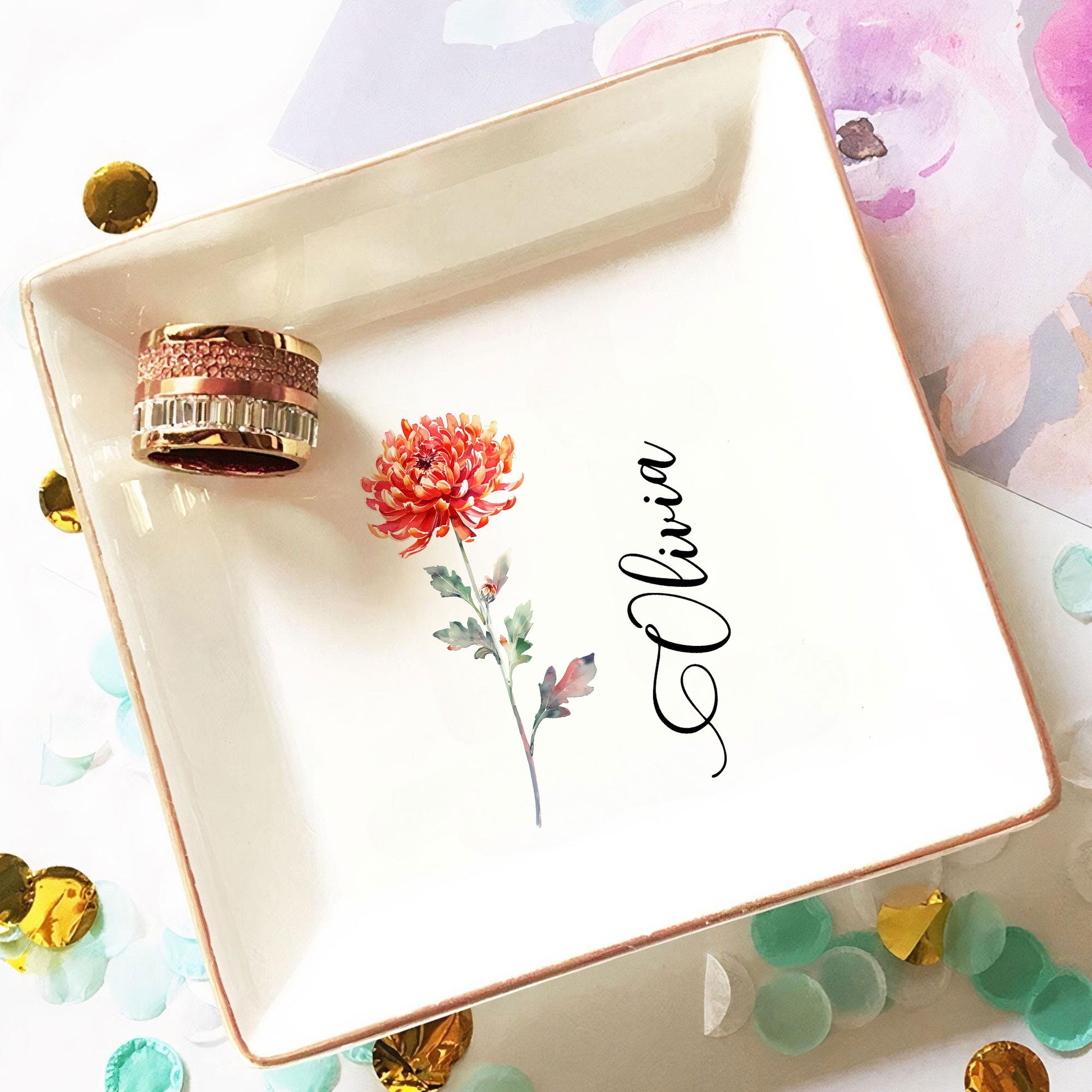 Personalized Ring Dish Customized Name and Flower Ceramic Jewelry Tray - LuthCreative