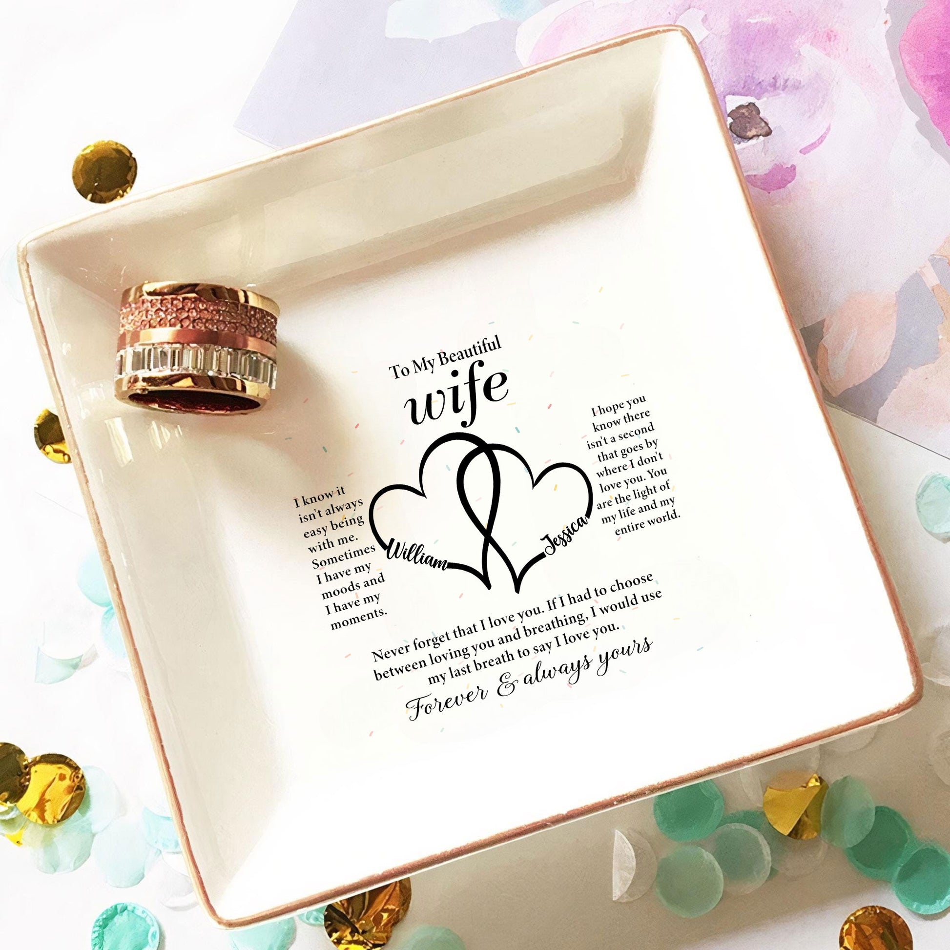 Personalized Ring Dish 'To My Beautiful Wife' - Custom Jewelry Holder - Romantic Wedding Day Gift for Bride - LuthCreative