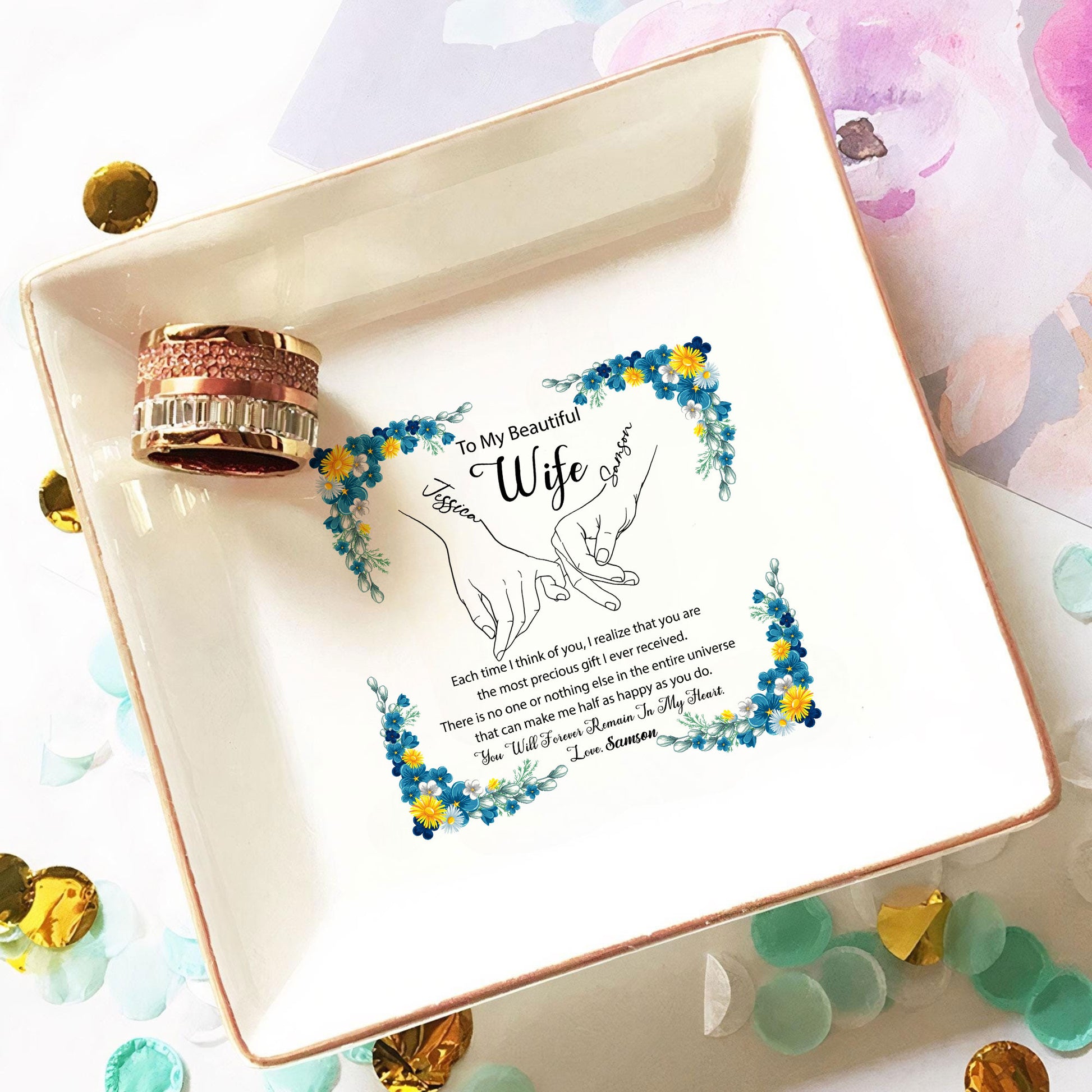 Personalized Wedding Ring Tray 'To My Beautiful Wife' - Custom Jewelry Organizer - Romantic Bridal Gift - LuthCreative