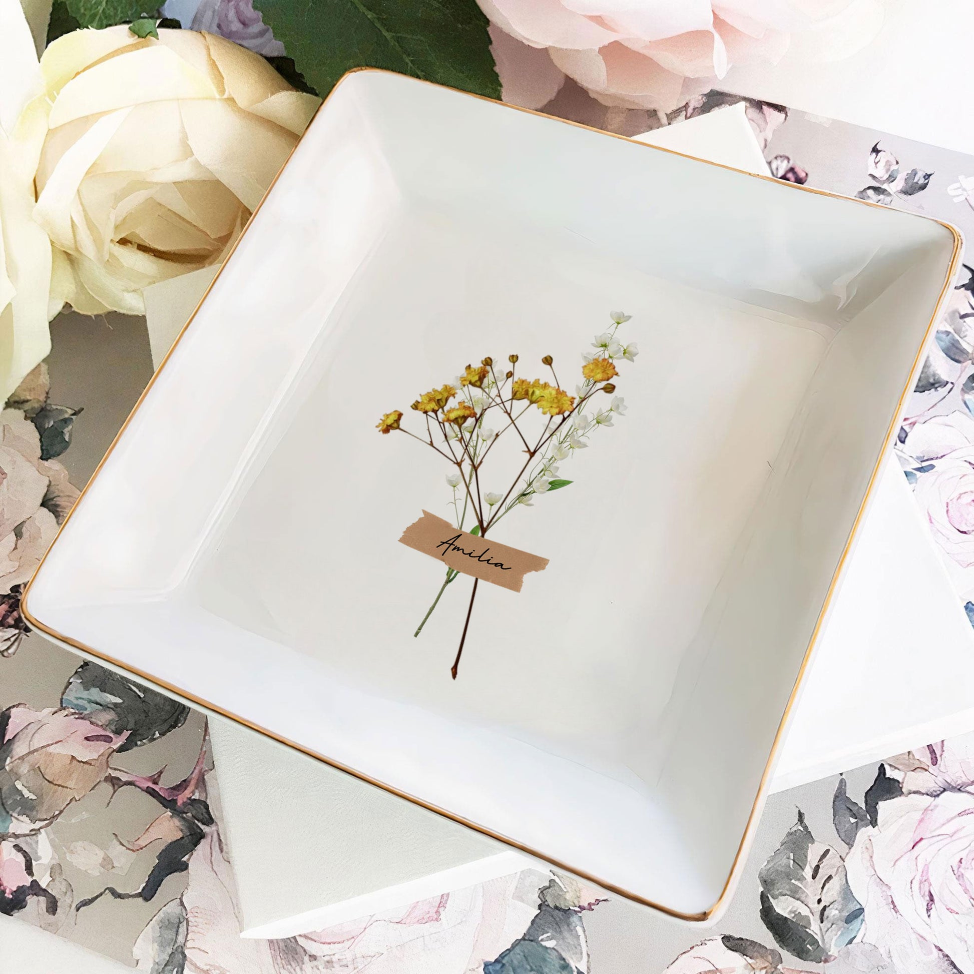 Personalized Ring Dish Customized Name and Flower Ceramic Jewelry Tray - LuthCreative