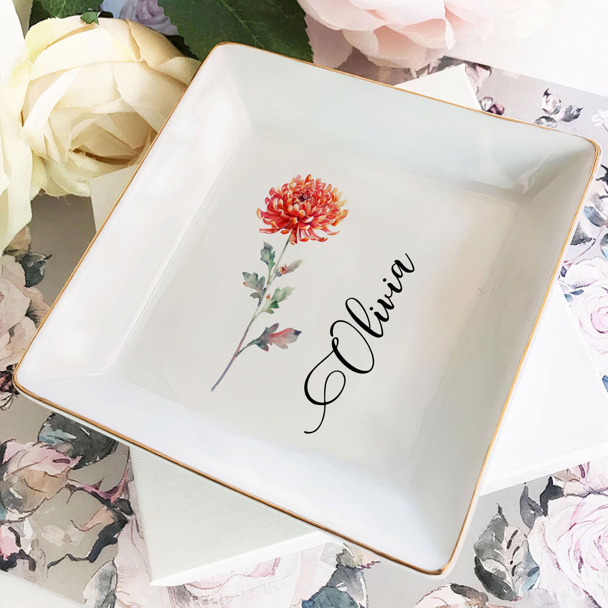 Personalized Ring Dish Customized Name and Flower Ceramic Jewelry Tray - LuthCreative