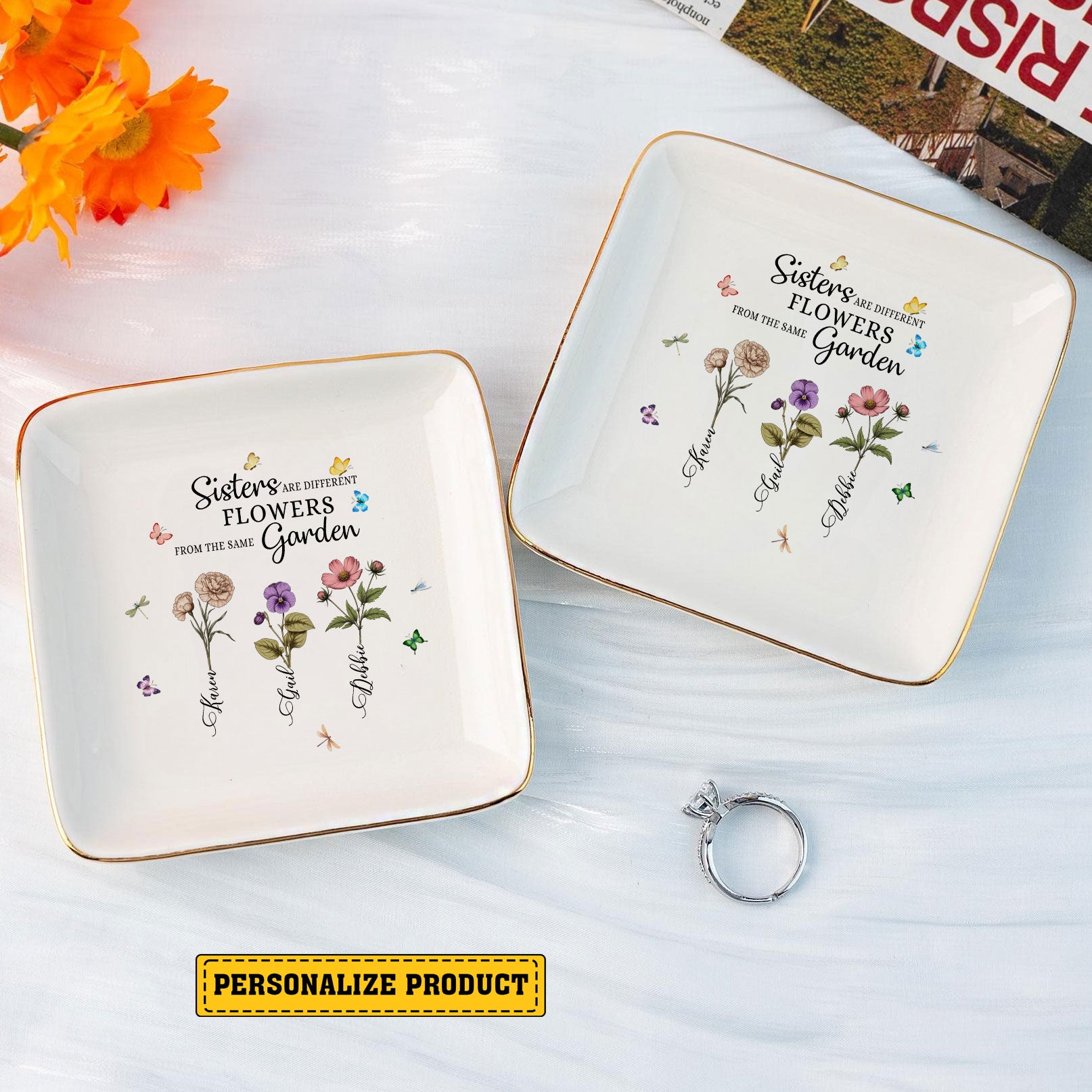 Personalized Jewelry Dish Sisters Are Diferent Flowers From The Same Garden Customized Gift for Sisters, Wedding Gift - LuthCreative