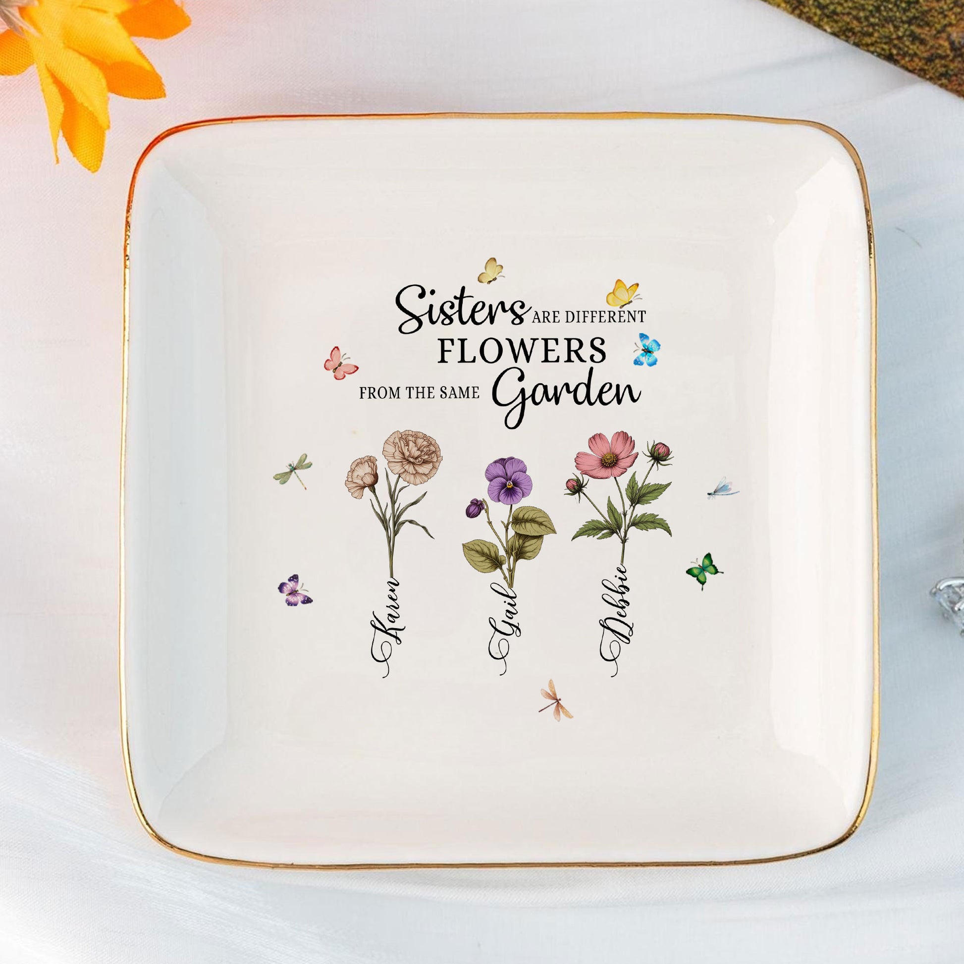 Personalized Jewelry Dish Sisters Are Diferent Flowers From The Same Garden Customized Gift for Sisters, Wedding Gift - LuthCreative