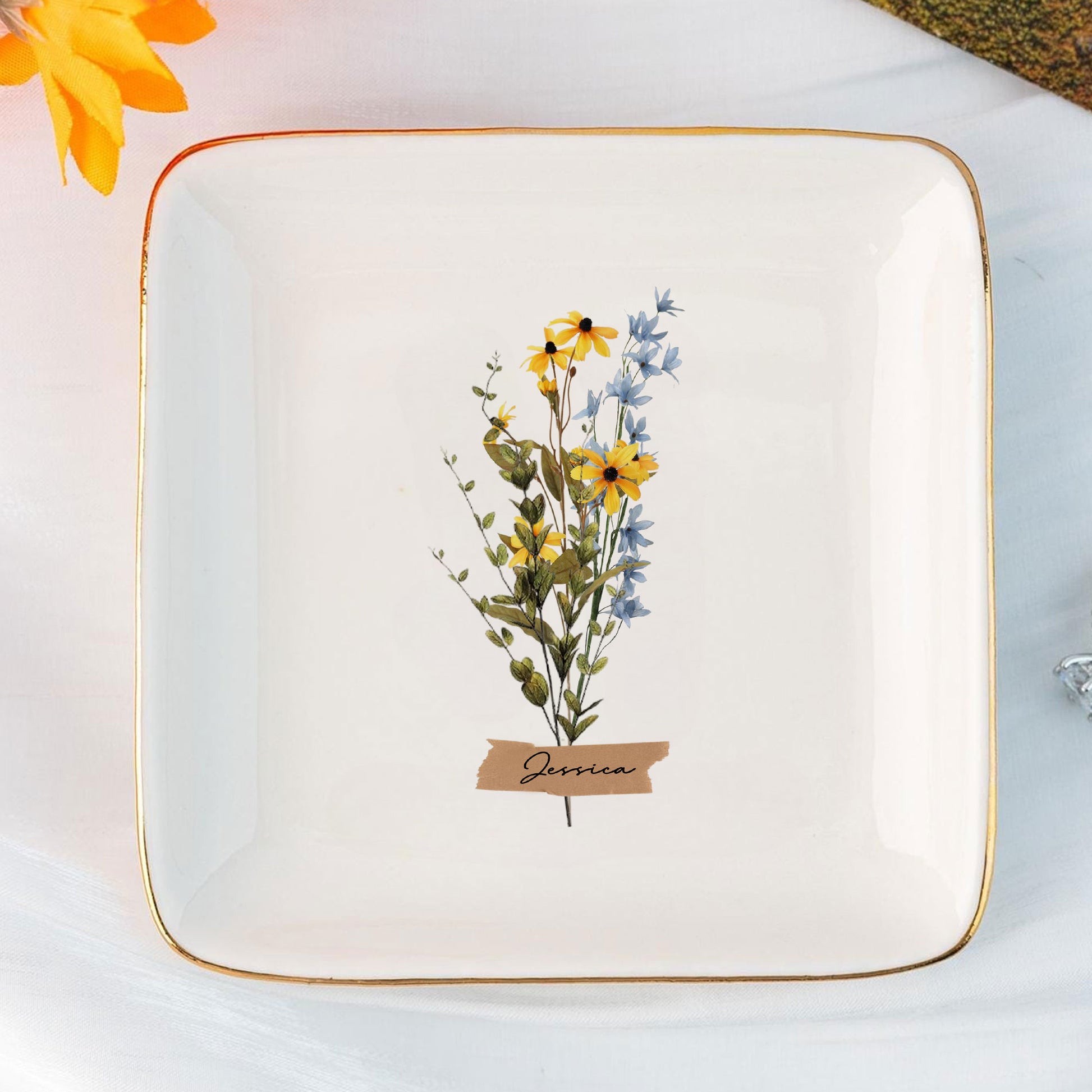 Personalized Ring Dish Customized Name and Flower Ceramic Jewelry Tray - LuthCreative