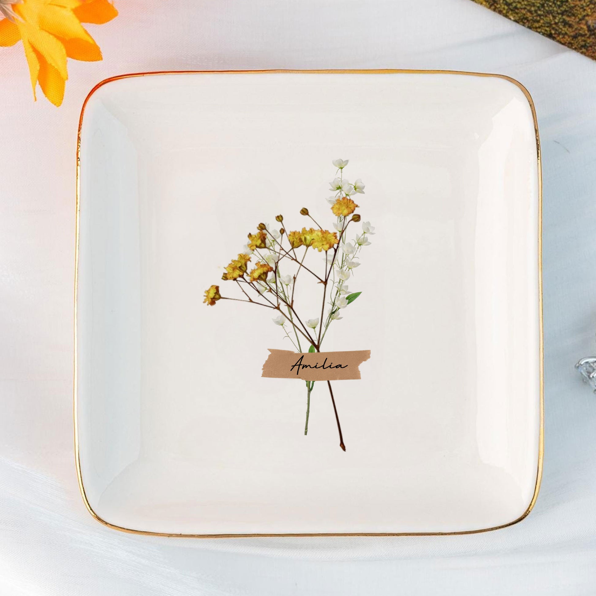 Personalized Ring Dish Customized Name and Flower Ceramic Jewelry Tray - LuthCreative