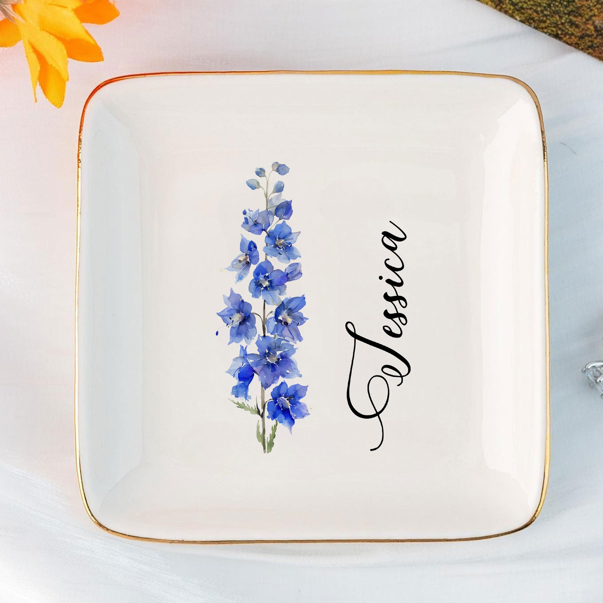Personalized Ring Dish Customized Name and Flower Ceramic Jewelry Tray - LuthCreative
