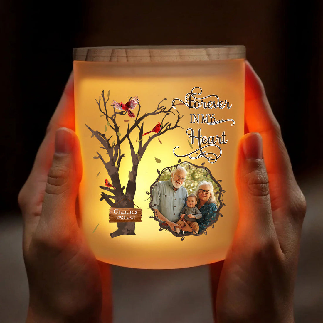 Preserve precious memories and find solace in the warm glow of remembrance. Experience the comforting presence of the Forever in My Heart - Personalized Photo Memorial Light with Cardinal Tree Design.