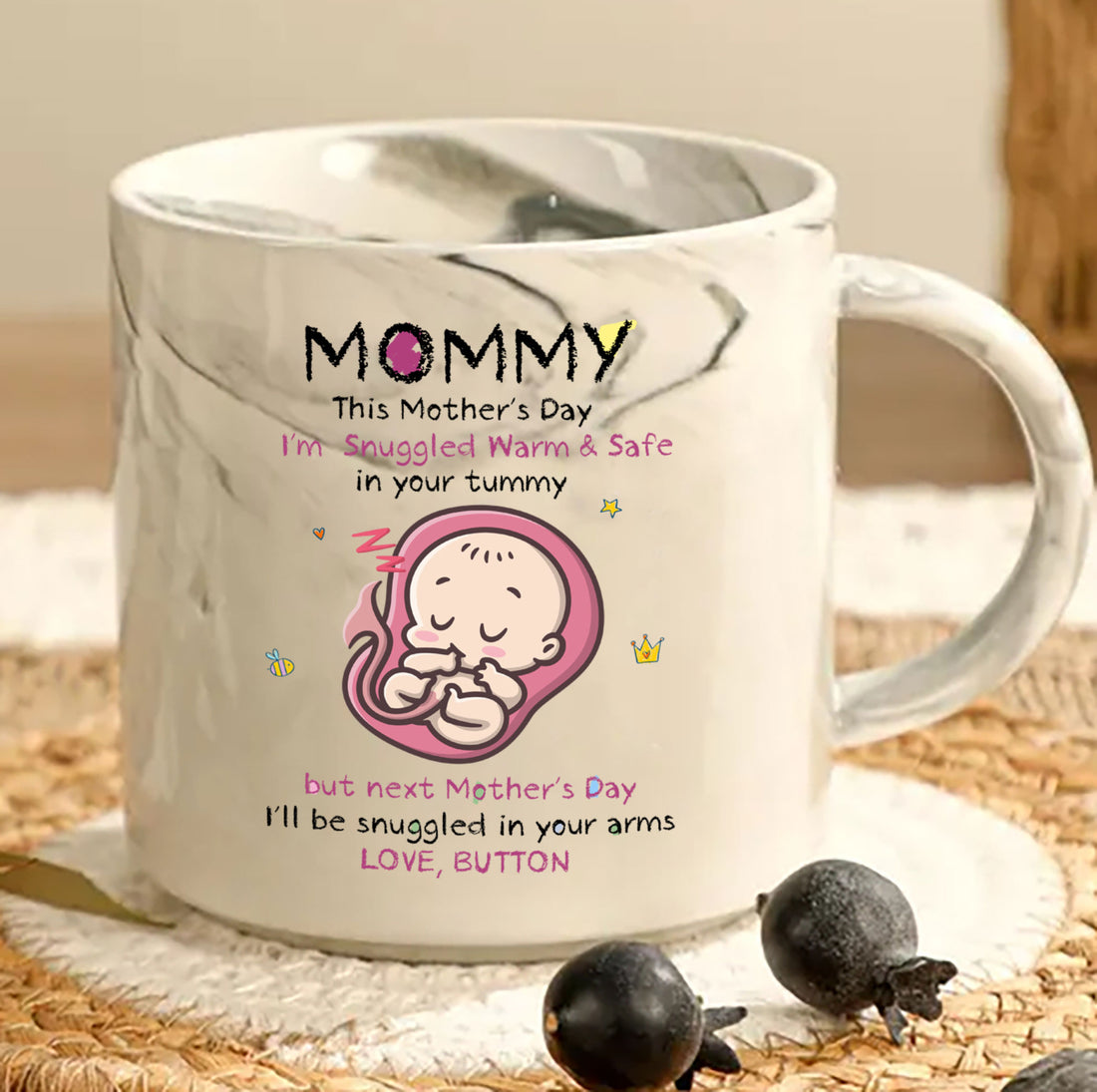 Give a gift that’s as beautiful and unique as her journey into motherhood. Order the "Love from Your Tummy" Personalized Marble Ceramic Mug today and make her Mother's Day truly special!