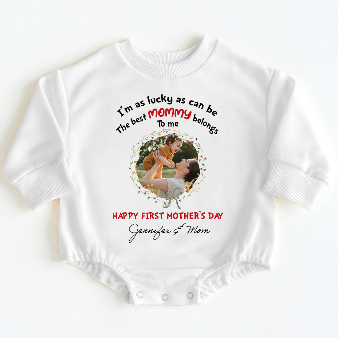 Make her first Mother's Day truly magical! Order the "I'm As Lucky As Can Be The Best Mommy Belongs To Me - Happy Our First Mother's Day" Romper Baby Bodysuit today and give the gift of love, comfort, and cherished memories that will last a lifetime!