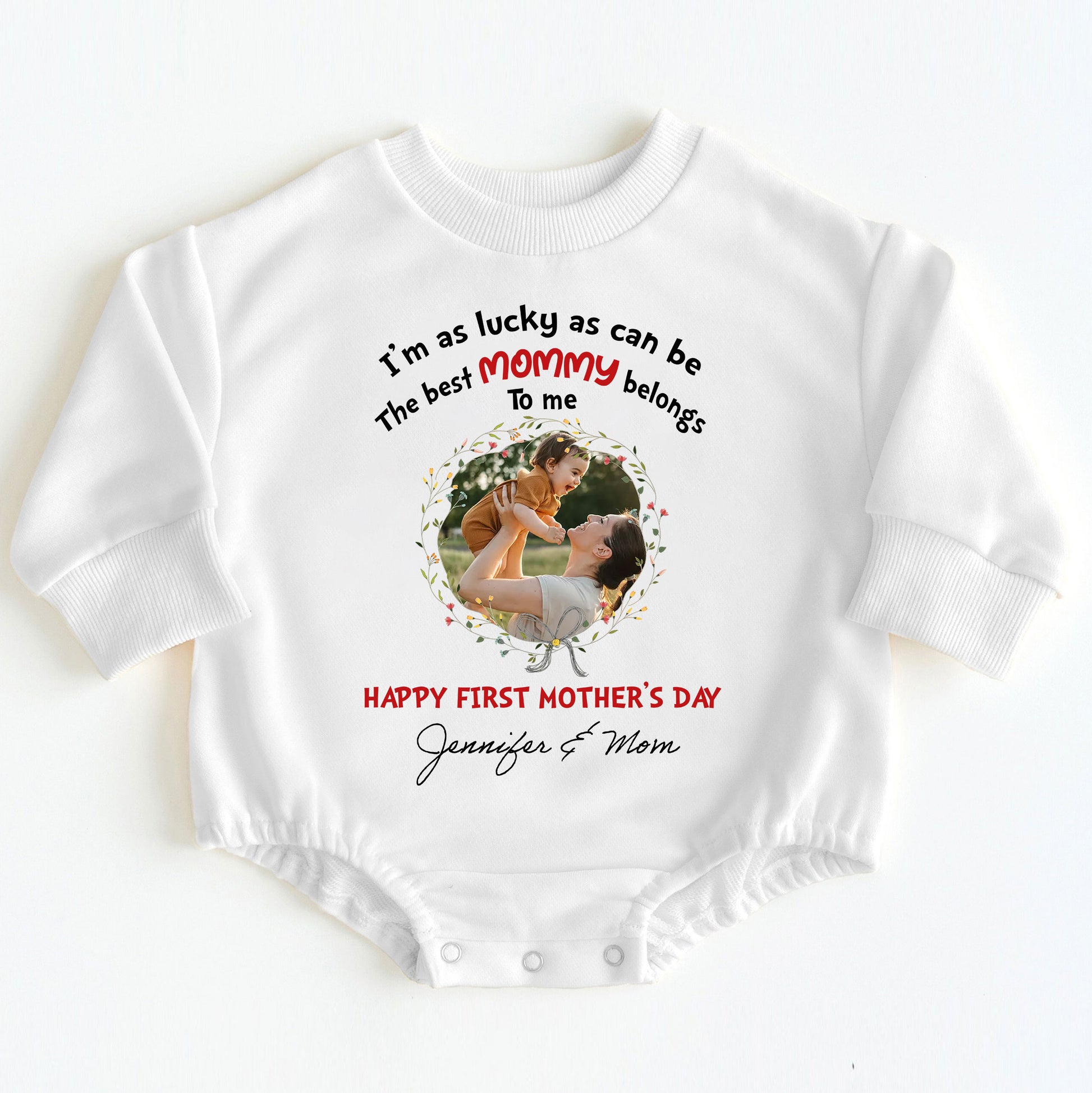 Make her first Mother's Day truly magical! Order the "I'm As Lucky As Can Be The Best Mommy Belongs To Me - Happy Our First Mother's Day" Romper Baby Bodysuit today and give the gift of love, comfort, and cherished memories that will last a lifetime!