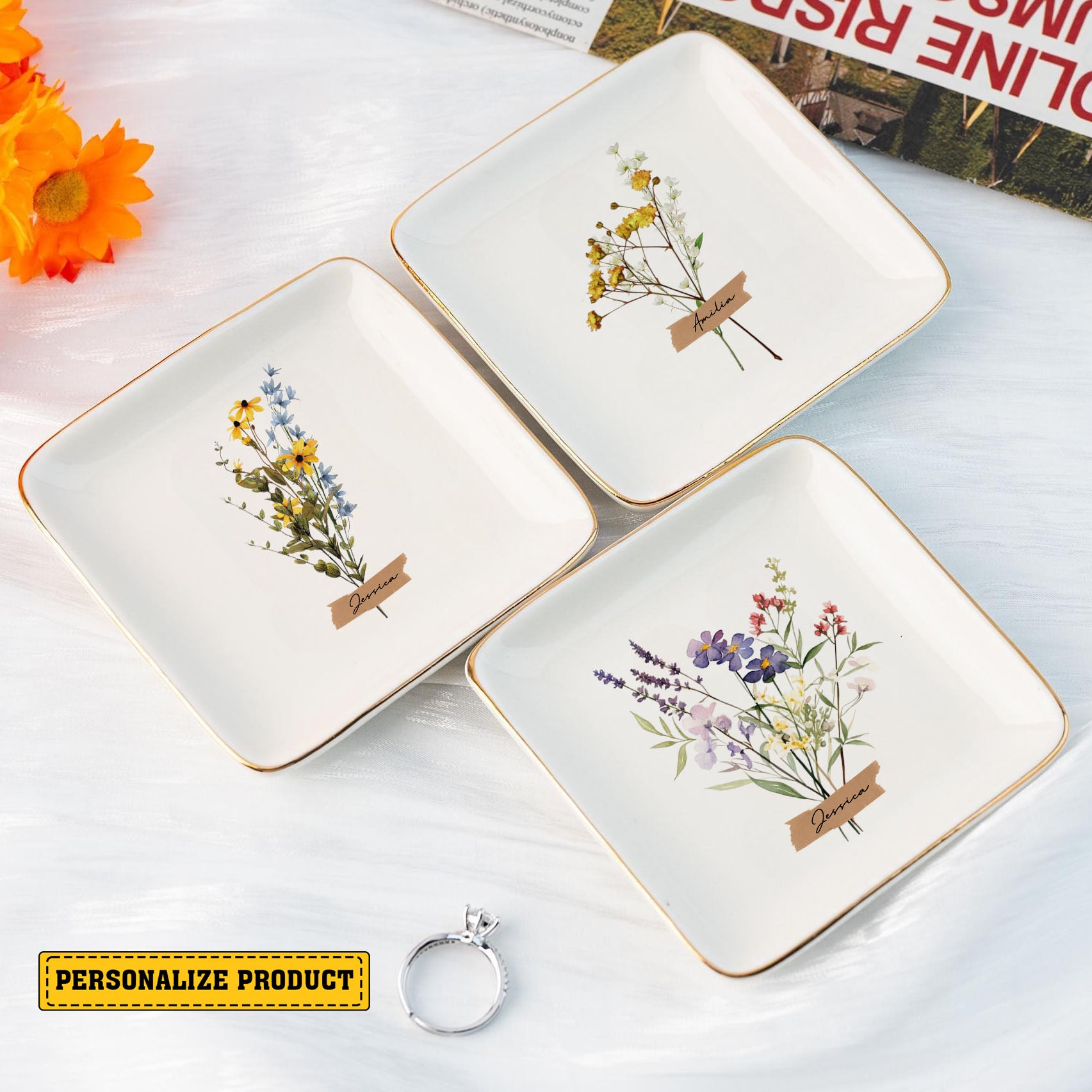 Personalized Ring Dish Customized Name and Flower Ceramic Jewelry Tray - LuthCreative
