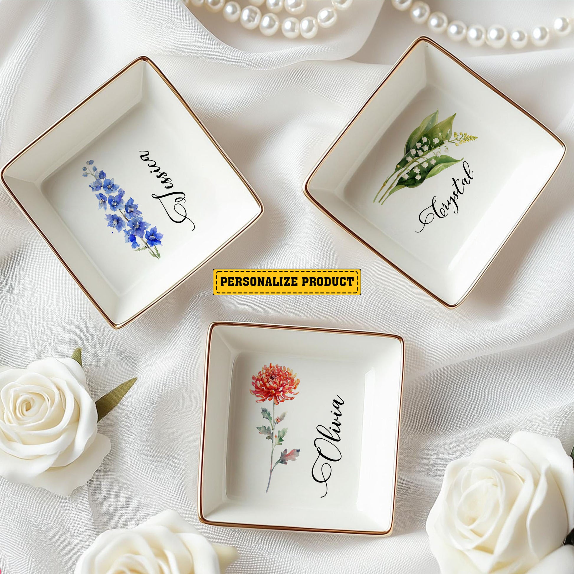 Personalized Ring Dish Customized Name and Flower Ceramic Jewelry Tray - LuthCreative