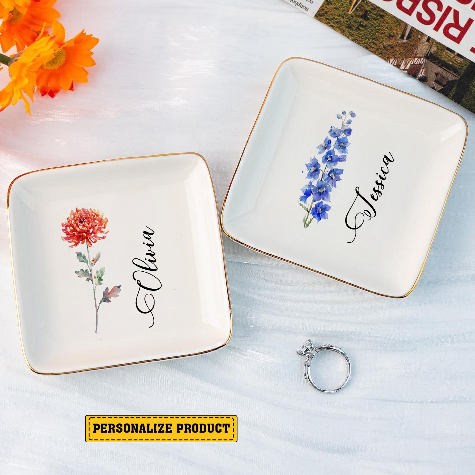 Personalized Ring Dish Customized Name and Flower Ceramic Jewelry Tray - LuthCreative